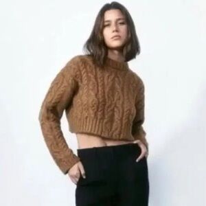 Zara Cropped Brown Cable Knit Sweater Med M